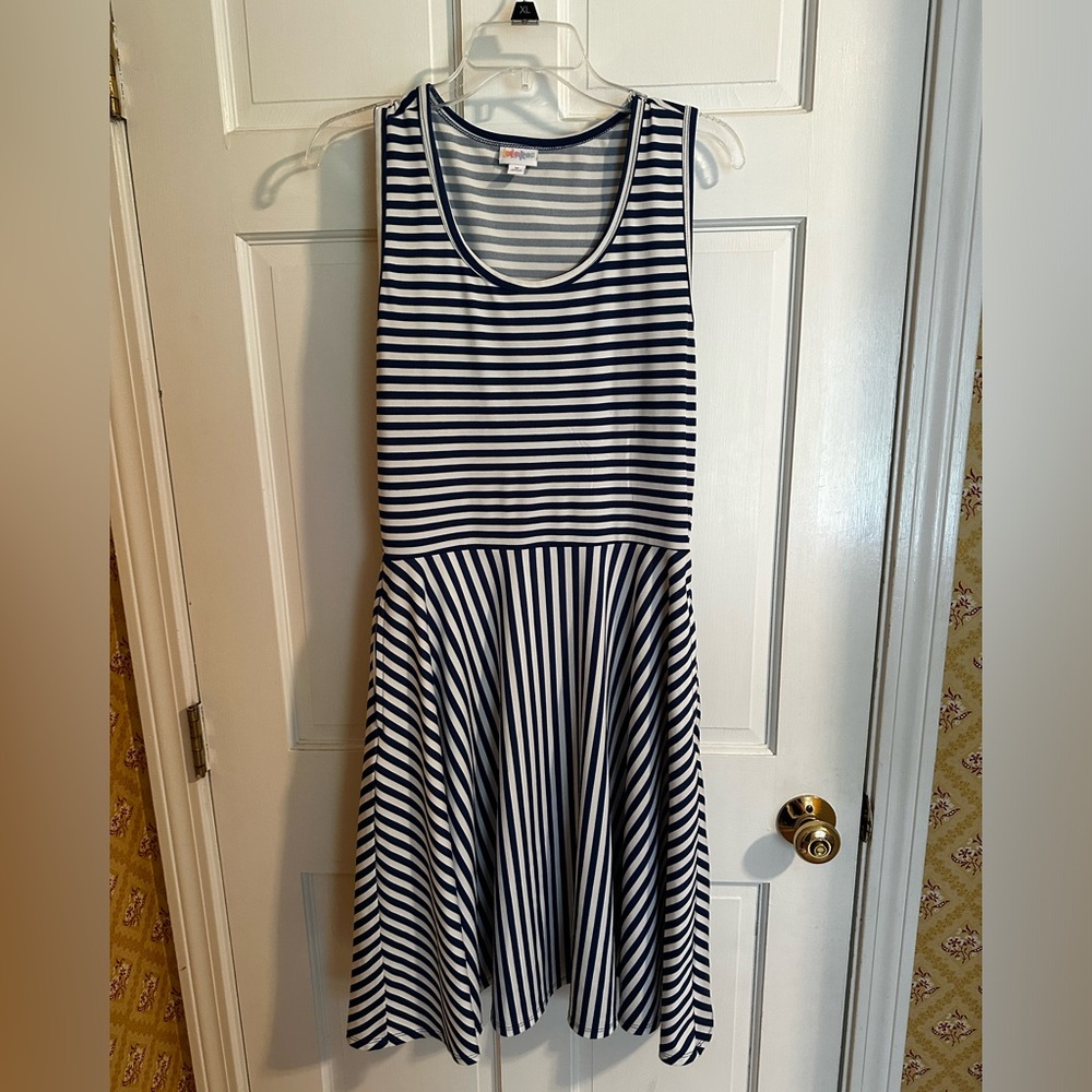 LuLaRoe Nicki blue and white striped dress with pockets